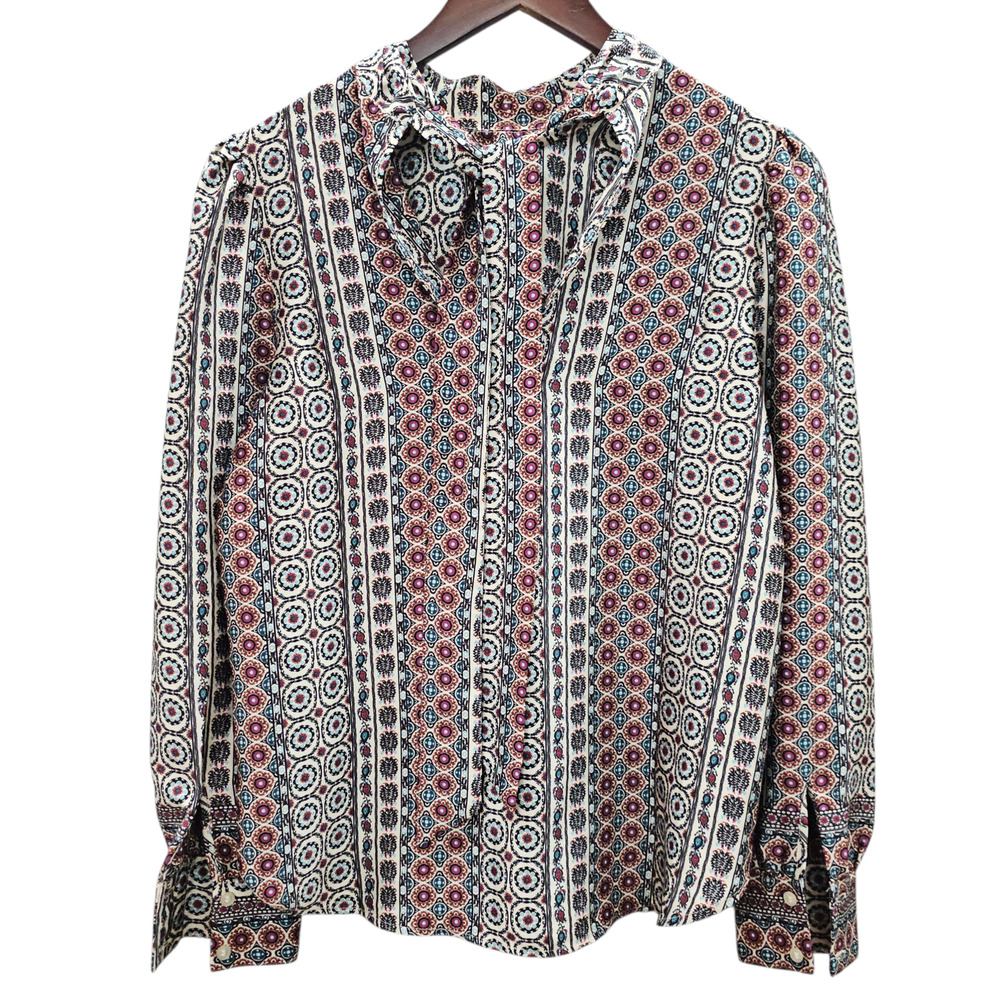 LOFT Blouse Womens XS Multicolor High Neck Tie Bow Ruffle Long Sleeve Geo Print